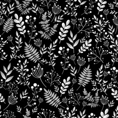 Fototapeta premium Seamless abstract flowers pattern, white gray gradient plants on black background. Original decorative flowers and plants.