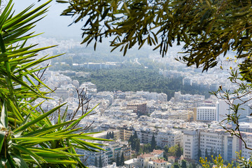 Fototapeta na wymiar Top view of the panorama of Athens, Greece. View of the buildings and architecture of the city.