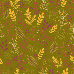 Forest wild flowers seamless floral pattern. Decorative flowers and plants, crimson purple dusty brown gradient color, isolated on a khaki color background.