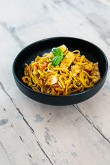 Vegetable noodles with chicken meat preparation