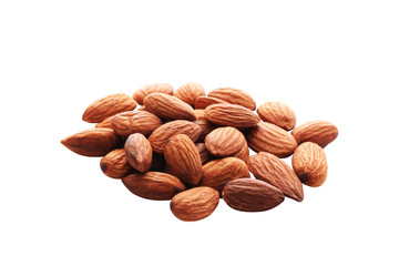 peeled apricot nuts isolated on pink background. healthy wholesome food