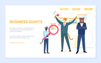 Business giants vector, raccoon holding magnifying glass, tiger and bear hipster animals wearing formal suits workers successful team and teamwork. Website or webpage template, landing page flat style