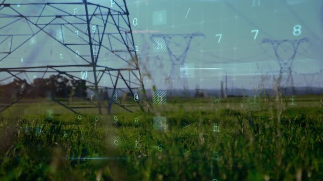 Cyber security words and a field with power line towers