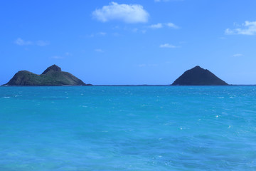 Fototapeta premium ハワイ：ラニカイビーチ 青く綺麗な空・海、遠浅の綺麗な砂浜、島