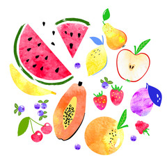 Vector flat fruits set with watercolor texture