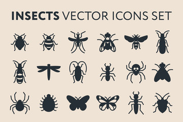 Insect Vector Flat Solid Glyph Icon Illustration Set. Bed Bug, Fly, Dragonfly, Ant, Roach, Cockroach, Mosquito, Termite, Spider, Butterfly, Bee, Wasp.