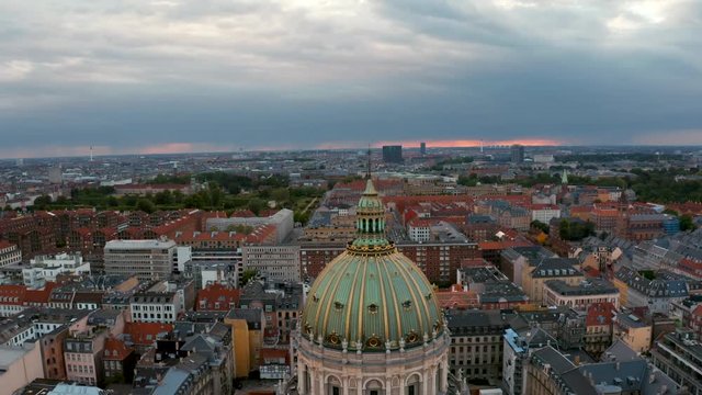 Aerial view of the Dome of Frederik's Church in Copenhagen during sunset, Denmark.