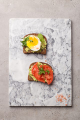 Set different vegetarian smorrebrod. Top view or flat lay.