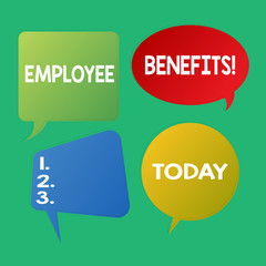 Word writing text Employee Benefits. Business photo showcasing indirect and non cash compensation paid to employee Blank Speech Bubble Sticker in Different Shapes and Color for Multiple Chat