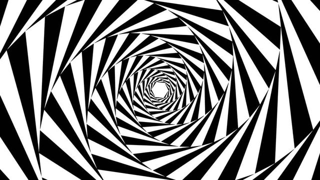Black and white background spiral. Optical illusion animation with hypnotic effect. Psychedelic abstract background, retro or vintage 60s, 70s style. Rotating tunnel motion, 3d rendered in 4k.