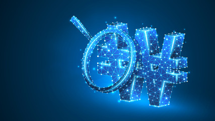 Magnifying glass on South Korean Won currency. Market analysis, business safety, money research concept. Abstract, digital, wireframe low poly mesh Raster blue neon 3d illustration. Triangle line dot