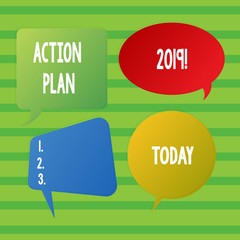 Conceptual hand writing showing Action Plan 2019. Concept meaning proposed strategy or course of actions for current year Speech Bubble Sticker in Different Shapes and Multiple Chat