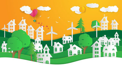 Fototapeta premium paper art.landscape with houses and trees.concept of eco. earth day and world environment day.sun set.