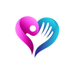 kids love and care logo. charity logo template. heart logo with hands and people inside
