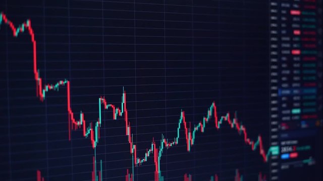 Moving financial chart with downtrend line candlestick graph and numbers in stock market on black color monitor
