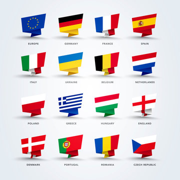 vector illustration origami pin flags of the world, europe set