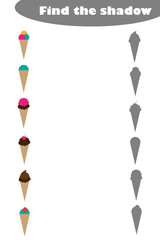 Find the shadow, game with ice cream for children in cartoon style, education game for kids, preschool worksheet activity, task for the development of logical thinking, vector illustration