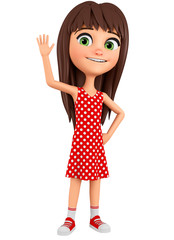 Cartoon character girl welcomes. 3d rendering. Illustration for advertising.