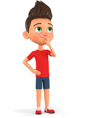 Cartoon character boy thinking on a white background. 3d rendering. Illustration for advertising.