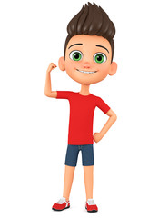 Cartoon character boy shows muscles on a white background. 3d rendering. Illustration for advertising.