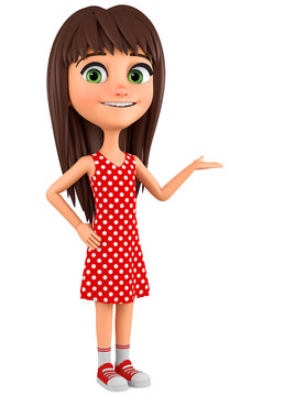 Cartoon character girl points to the empty space. 3d rendering. Illustration for advertising.