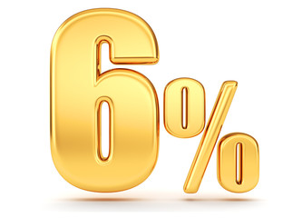 3d render illustration. Golden six percent on a white background.