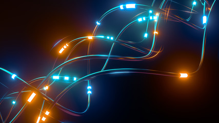 Digital wires with moving information impulse. Creative composition with cables transfering big data and neon light. Twisted lines in motion. Colorful vortex, abstract background. 3d rendering