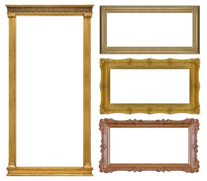 Set of golden panoramic frames for paintings, mirrors or photos	