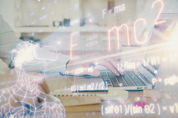 Science formula hologram with man working on computer on background. Education concept. Double exposure.