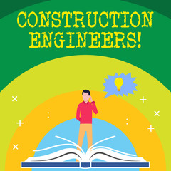 Handwriting text writing Construction Engineers. Conceptual photo discipline that deals with designing and planning Man Standing Behind Open Book, Hand on Head, Jagged Speech Bubble with Bulb