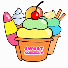 the inscription sweet summer on the background of delicious ice cream of different tastes on a white background
