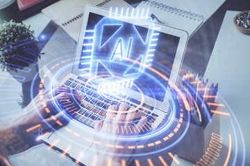 Multi exposure of technology hologram with man working on computer background. Concept of big data.