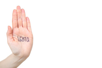 Female palm with abbreviation LGBT on white background