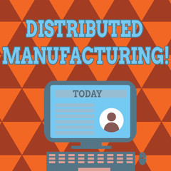 Obraz premium Conceptual hand writing showing Distributed Manufacturing. Concept meaning practiced by enterprises using network facilities Computer Mounted on Stand with Online Profile Data on Screen