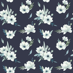 Seamless Pattern. Hand drawn watercolor Poppy flowered anemone. Hand drawn illustration.