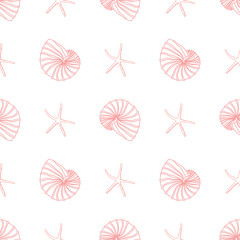 Seamless pattern with seashells and starfish on light background. Marine theme. Hand-drawn vector.