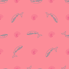 Seamless pattern with whales, seashells. Marine theme. Hand-drawn illustration.