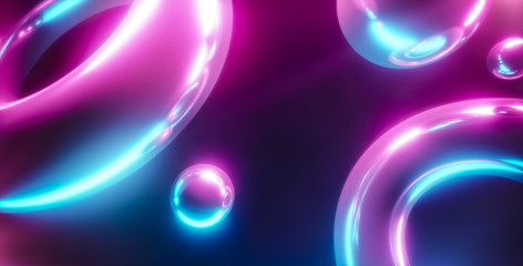 Neon background concept. Neon sphere with donuts. 3d rendering.