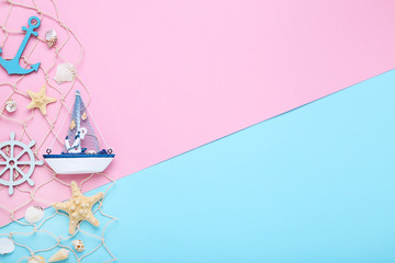 Seashells with decorative ship and anchor on colorful background