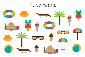 Find pairs of identical pictures, fun education game with summer beach theme for children, preschool worksheet activity for kids, task for the development of logical thinking, vector illustration - 273890784