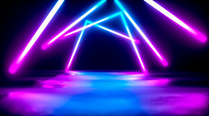 Fototapeta na wymiar Futuristic Sci-Fi Abstract Blue And Purple Neon Light Shapes On Black Background And Reflective Concrete With Empty Space For Text 3D