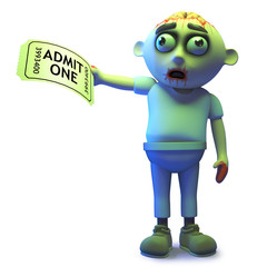 Silly zombie monster has a ticket to the show, 3d illustration