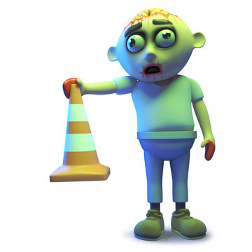 Zombie monster is the one who puts all the traffic cones out in the night, 3d illustration