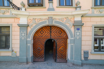 Novi Sad, Serbia June 13, 2019: Street in old part of Petrovaradin city, Serbia. Architectural details of old houses in Serbian city of Petrovaradin. 