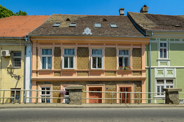 Novi Sad, Serbia June 13, 2019: Street in old part of Petrovaradin city, Serbia. Architectural details of old houses in Serbian city of Petrovaradin. 