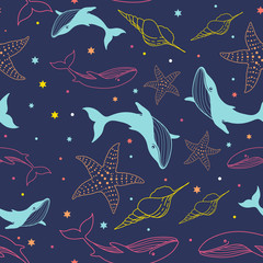 Seamless pattern with whales, dolphins, starfish, seashells and dots. Marine theme. Hand-drawn illustration.