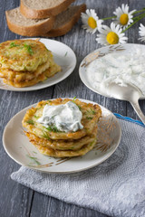 Pancakes from zucchini. Vegetarian vegetable patties or pancakes.