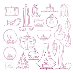 Set of candles, candlesticks and lamps. Hand-drawn illustration. Sketch.