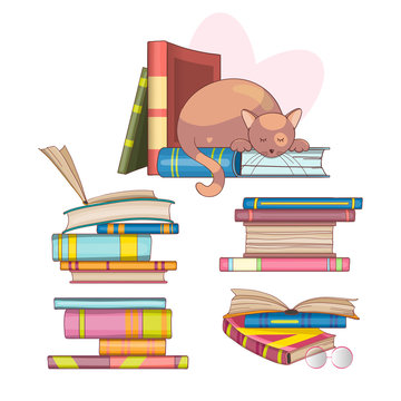 Smart cat with glasses on a stack of books. Set of cartoon books. Hand-drawn illustration.