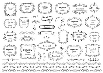 Fototapeta na wymiar Calligraphic design elements . Decorative swirls or scrolls, vintage frames , flourishes, labels and dividers. Retro vector illustration.